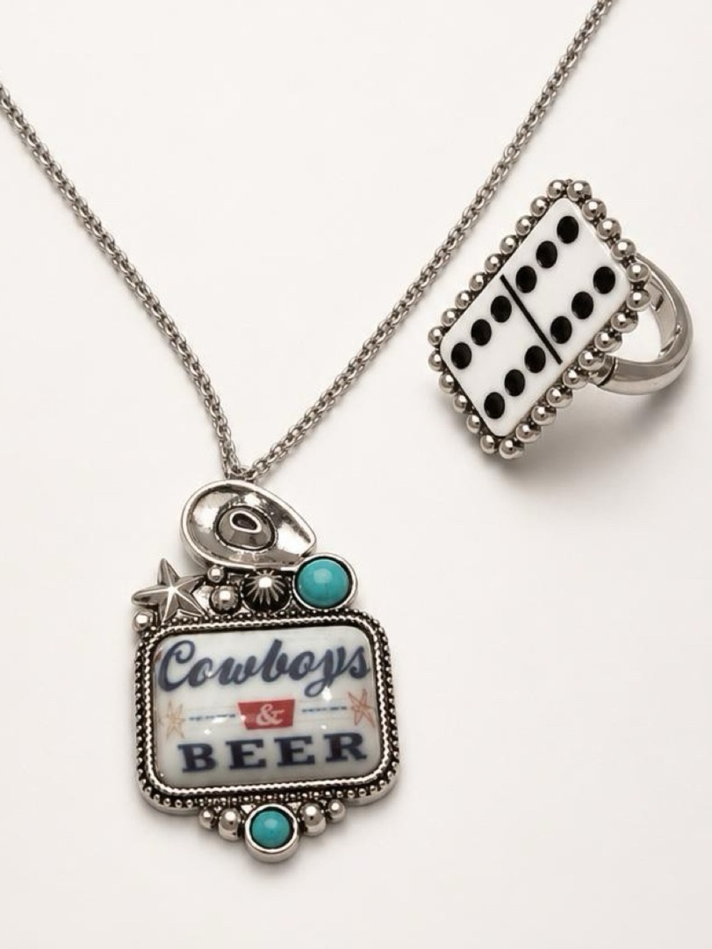 Silver Tone Cowboys & Beer Necklace & Domino ring set